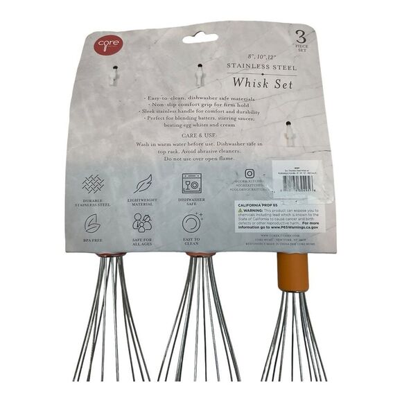 Core Orange 3 Piece Stainless Steel Whisks Set Size 8”, 10” And 12”. - Picture 4 of 9